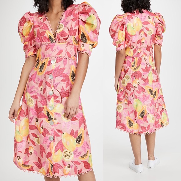 FARM Rio Pink Papaya Salad Linen Printed Puff Sleeve Dress - Size Small - Picture 2 of 9